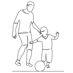 continuous single drawn one line family dad with son play football hand-drawn picture silhouette. Line art. doodle