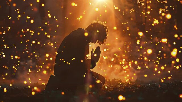 Video recreation of a young on knees praying with the hands together