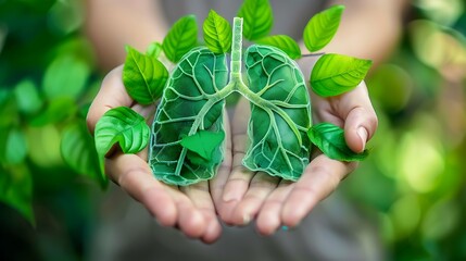 Hand holding green leaf lung with natural shape for concept of oxygen air organic environment ecology sustainability health breathing life concept.