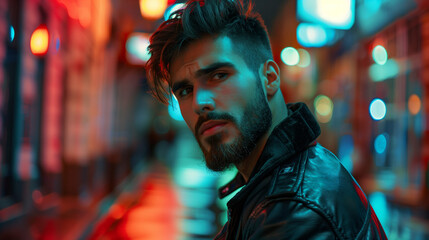 Close-up of an attractive young man with a black beard and elegant hairstyle, wearing a leather jacket. She stands on a street in the city, lit by the night glow.
