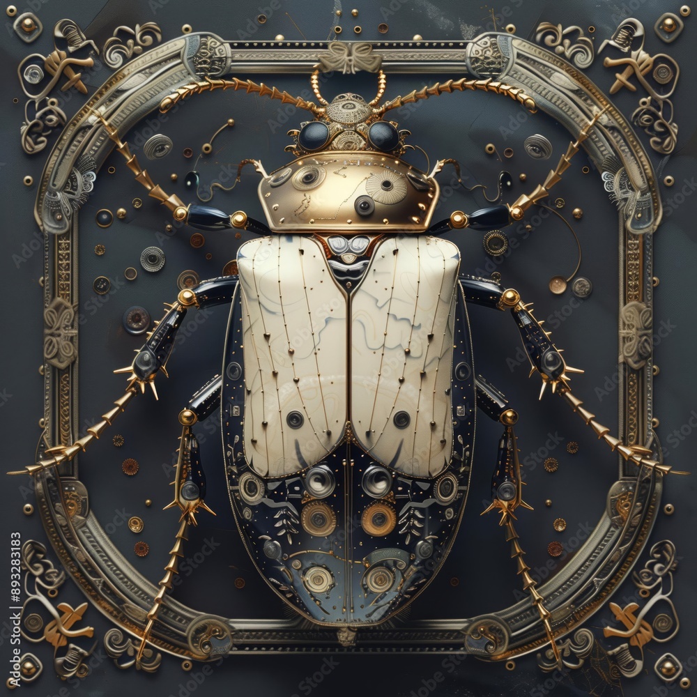 Poster a captivating image of a steampunk beetle, meticulously crafted with intricate gears, cogs, and meta