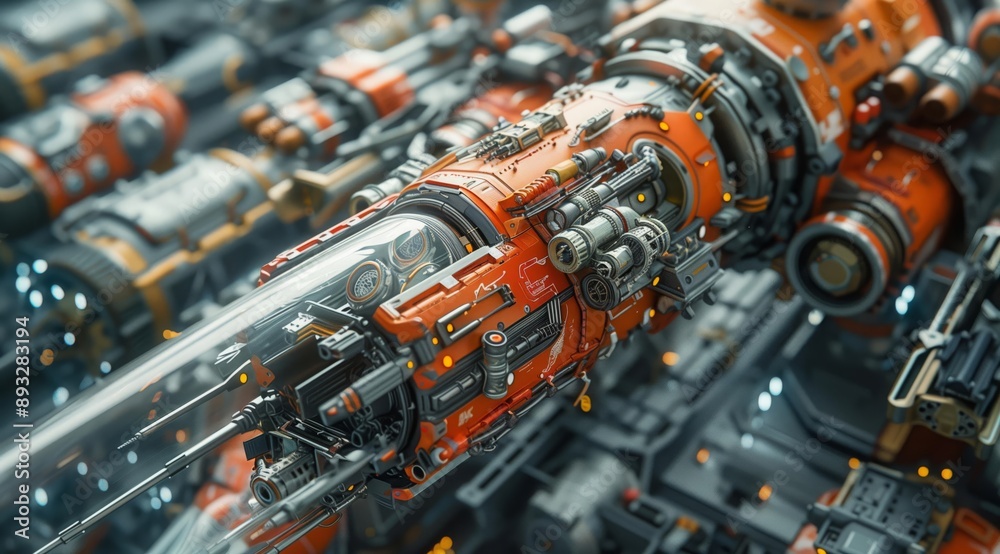 Poster This is a close-up image of a futuristic machine with orange detail. The machine is highly detailed and appears to be very complex. It is made up of many different parts, and it looks like it could