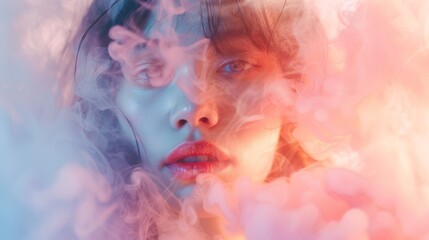 Close-up view of a stunning young woman surrounded in a pastel haze.