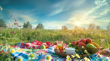 A picnic blanket with food and drink spread out in a field at sunset.