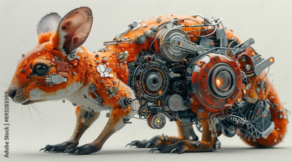 Poster A realistic 3D rendering of a squirrel with intricate mechanical details. The squirrel has a robotic body with exposed gears, wires, and lights, creating a futuristic and biomechanical aesthetic. Th