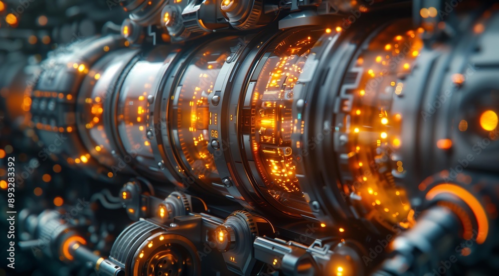Poster A close-up shot of a futuristic technology machine with orange lights. The machine is made of metal and has a complex design with many intricate details. The lights create a warm and inviting atmosp