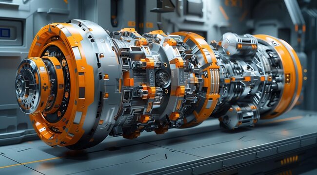 A close-up shot of a futuristic machine part. The part is made of metal and has a complex design. It is orange and grey in color. The background is blurry and shows a grey surface. This image can be