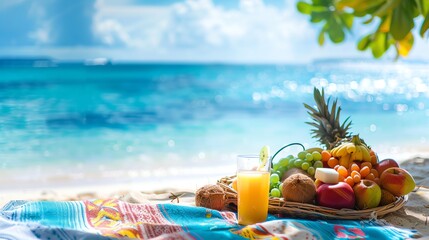 Beachside picnic, tropical fruits, colorful blanket, azure water, sunny day, eyelevel shot