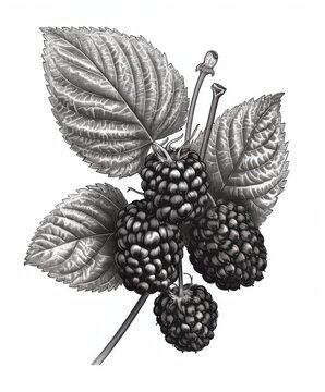 recommend clip art: Black and white Vintage engraved art of a boysenberry isolated on white background, ink sketch illustration, simple vector art design, highly detailed line art, high contrasty