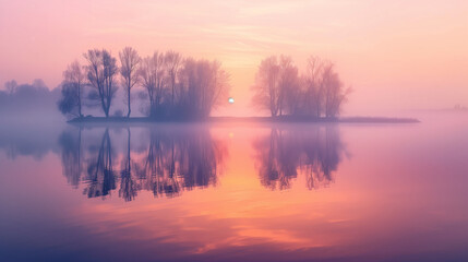 Fototapeta premium A picturesque view at sunrise or sunset over a foggy lake, where the reflections of the trees on the water merge with the pink and orange sky. 