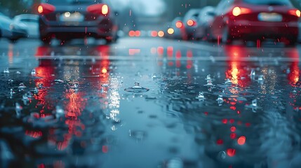 Blurred View of Rainy Parking Lot with Reflective Puddles and Streetlights