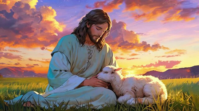 Jesus Crist with a lamb at sunset art style animation -- 4k stock video footage AI	