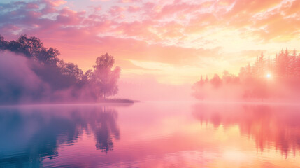 A picturesque view at sunrise or sunset over a foggy lake, where the reflections of the trees on the water merge with the pink and orange sky.
