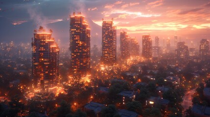 Obraz premium A City Skyline Is Lit up With Fire in the Foreground and Trees in the Background - Generative AI