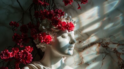 Portrait of a wax plaster statue with red flowers growing from her and glowing beams of light waving. dynamic elements incredible light