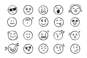 Emoji face icon doodle set. Faces with different emotion mood. Hand drawn comic sketch style. 