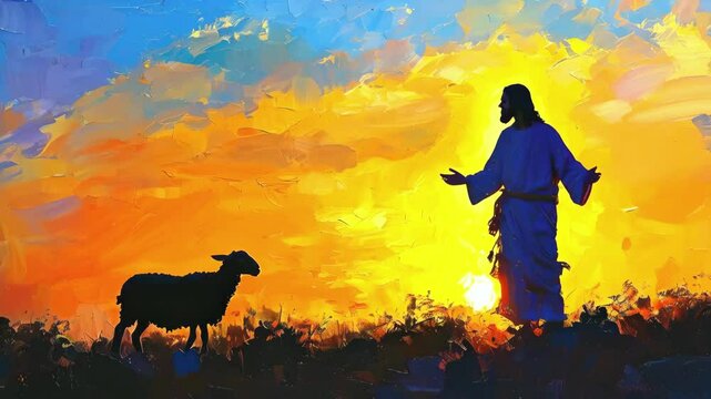 Jesus Crist and a lamb art painting animation -- 4k  stock video footage AI	