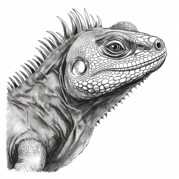 recommend clip art: Black and white Vintage engraved art of an iguana portrait isolated on white background, ink sketch illustration, simple vector art design, highly detailed line art, high contrasty