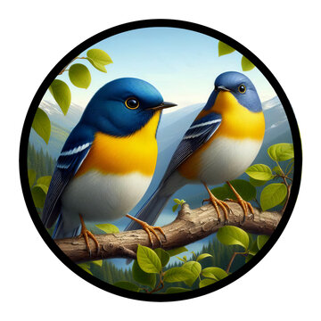 A circular 3D rendered watercolor painting of a male and female Northern Parula, perched on a tree branch, isolated on a transparent background