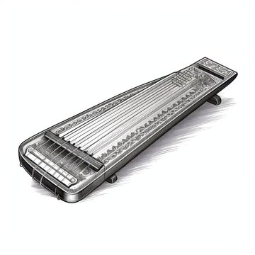 recommend clip art: Black and white Vintage engraved art of a zither isolated on white background, ink sketch illustration, simple vector art design, highly detailed line art, high contrasty