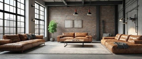 A modern living room featuring leather sofas, industrial decor, and ample natural light, perfect for contemporary home design