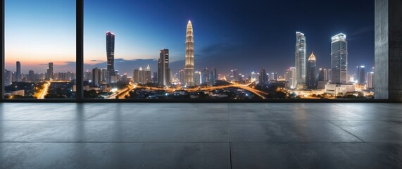 Naklejka premium A stunning urban skyline during twilight, showcasing modern skyscrapers and vibrant city lights, ideal for travel, business, and real estate concepts