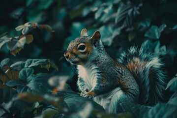 Obraz premium Profile of grey Squirrel against backdrop of out of focus dark green foliage.
