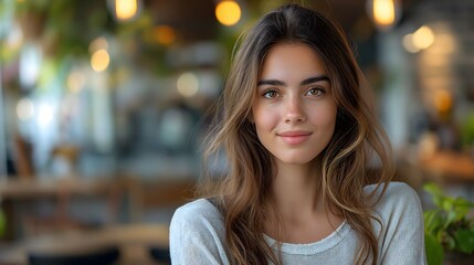 Obraz premium Young beautiful woman sitting in a cafe, modern bright background interior