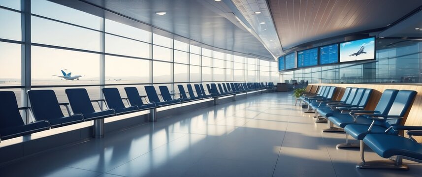 A serene airport terminal showcasing empty seats, large windows, and modern design, perfect for travel related themes and logistics