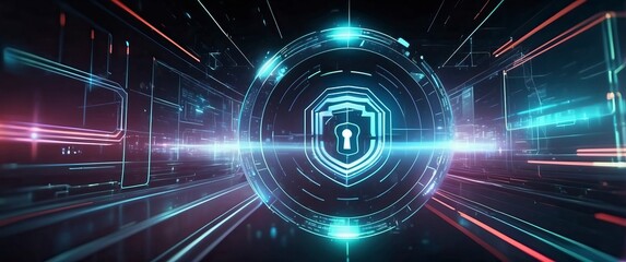 A futuristic digital landscape featuring a security lock, symbolizing data protection and cybersecurity in a tech driven environment