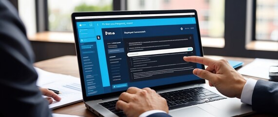 A modern office scene showing hands working on a laptop with a digital interface, ideal for themes of business, technology, and teamwork