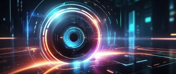 Obraz premium A futuristic digital scene with glowing circles and vibrant colors, perfect for tech concepts, innovation, and modern design inspirations