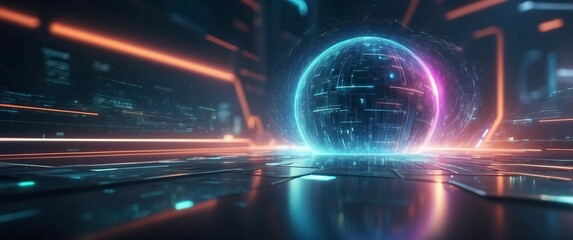 Fototapeta premium A futuristic digital landscape featuring a glowing globe amidst a neon lit environment, ideal for tech and sci fi themes
