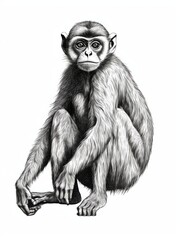 Fototapeta premium Black and white Vintage engraved art of a spider monkey isolated on white background, ink sketch illustration, simple vector art design, highly detailed line art, high contrasty 
