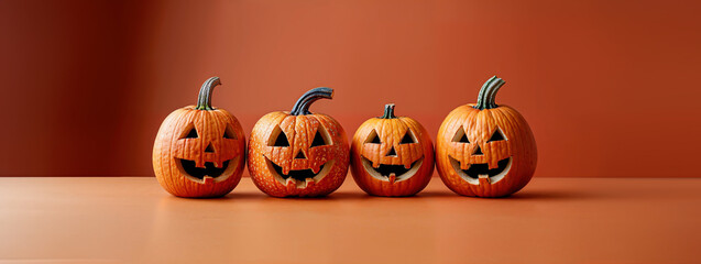 group of 4 carved halloween pumpkins lined up on an orange background for halloween