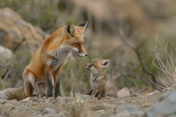 Obraz premium Red Fox greets six week old pup at den site (Vulpes vulpes)