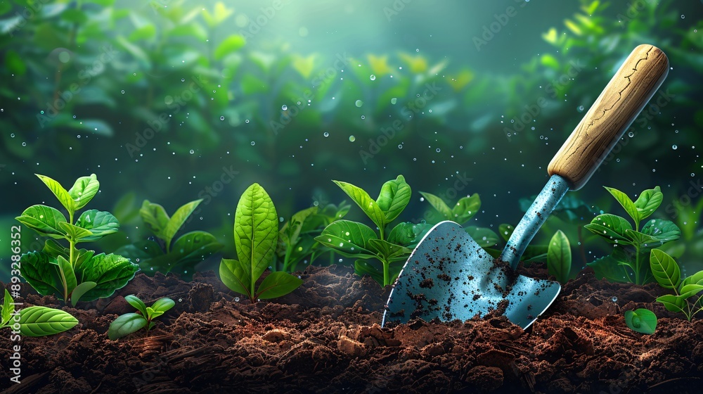 Poster Illustration of a trowel in use digging into rich, dark soil with plants in the background centered with empty space around the edges Stock Photo with copy space