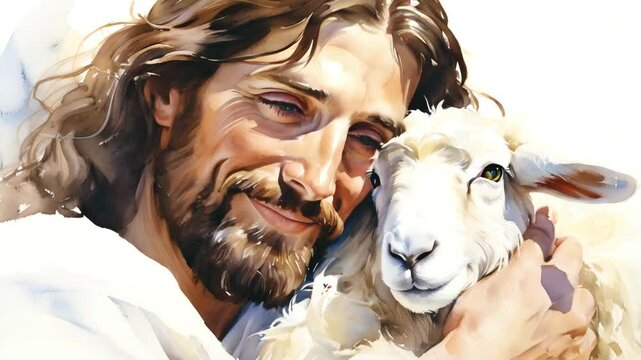 close up of Jesus Crist holding a lamb and smiling art painting style animation -- 4k stock video footage AI	