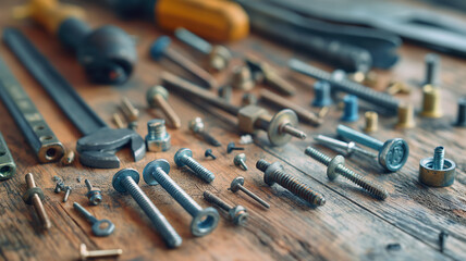 Assorted Tools and Fasteners on Wooden Surface