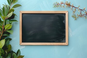 Blank Chalkboard Mockup with Wooden Frame and Greenery on Light Blue Background for Design Use