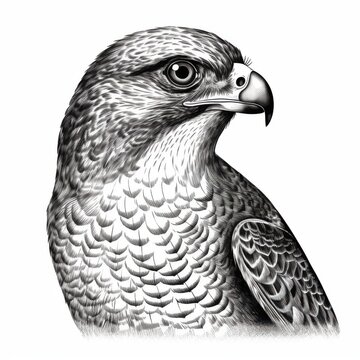 recommend clip art: Black and white Vintage engraved art of a portrait of a falcon isolated on white background, ink sketch illustration, simple vector art design, highly detailed line art, high contrasty