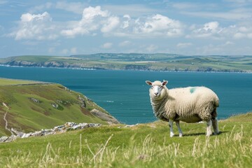 Obraz premium sheep grazing in scenic countryside in Pembrokeshire Wales showing the sea and coastline in the background.