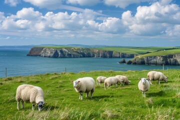 Naklejka premium sheep grazing in scenic countryside in Pembrokeshire Wales showing the sea and coastline in the background.