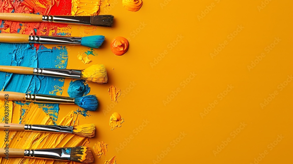 Poster high-detail drawing of a collection of paintbrushes and a palette filled with bright acrylic paints 