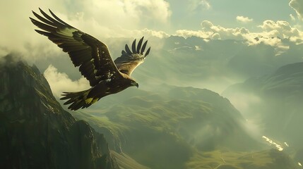 Obraz premium Eagle Flying High with Mountain Peak Background for Wildlife Freedom Panorama Landscape Concept.