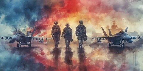 sillouhette of 3 military servicemen in uniform with fighter jets in the background, transitioning to civilian life, water color style, american flag in background