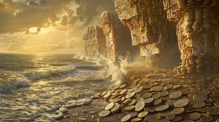 Obraz premium A Picture of a Pile of Coins on the Shore of the Ocean Next to a Cliff - Generative AI