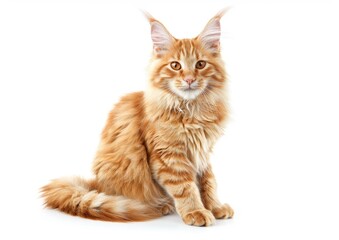 Obraz premium Cute Smiling Maine Coon cat Sitting on a White Background, Realistic HD Photography