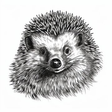 recommend clip art: Black and white Vintage engraved art of a hedgehog portrait isolated on white background, ink sketch illustration, simple vector art design, highly detailed line art, high contrasty