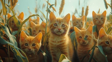 A field of corn with cats, each containing several yellow cats that have not yet turned orange and still show their green leaves
